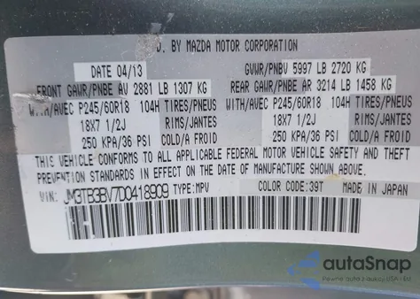 2013 Mazda Cx-9 Sport z USA, uszkodzony, nr VIN JM3TB3BV7D0418909